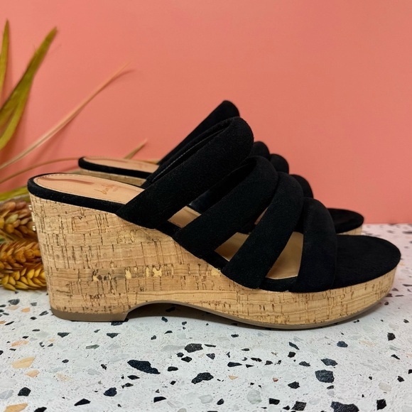 Sam Edelman Yukon Black Suede Strappy Women’s Wedge Cork Sandals Sz 7 - Picture 4 of 11